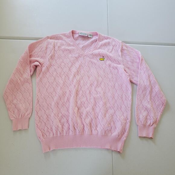 Masters Collection Sweater Womens Medium Pink V Neck Argyle Cotton Made USA Golf - Picture 1 of 7